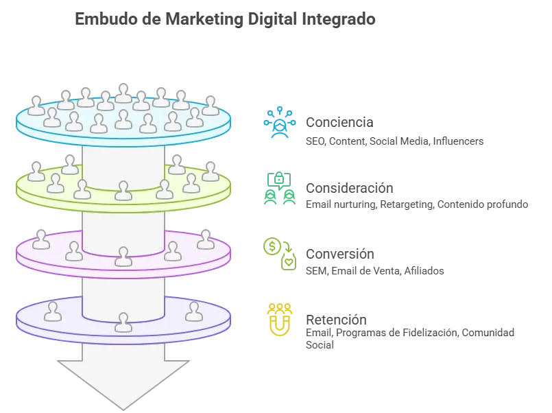 Embudo de marketing Digital Integrado con tipos de canales en cada etapa