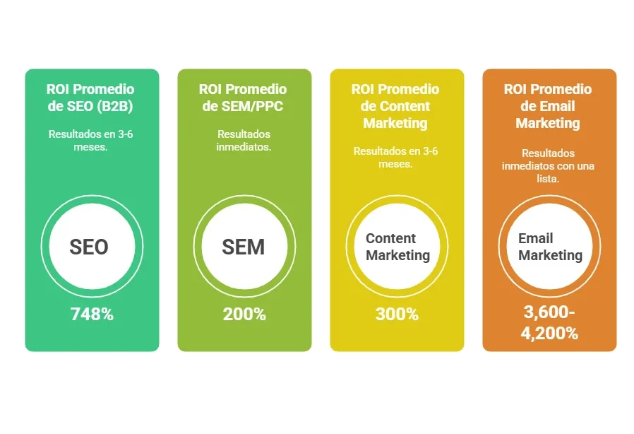 ROI de algunos tipos de marketing digital SEO, SEM PPC, Content Marketing, Email marketing