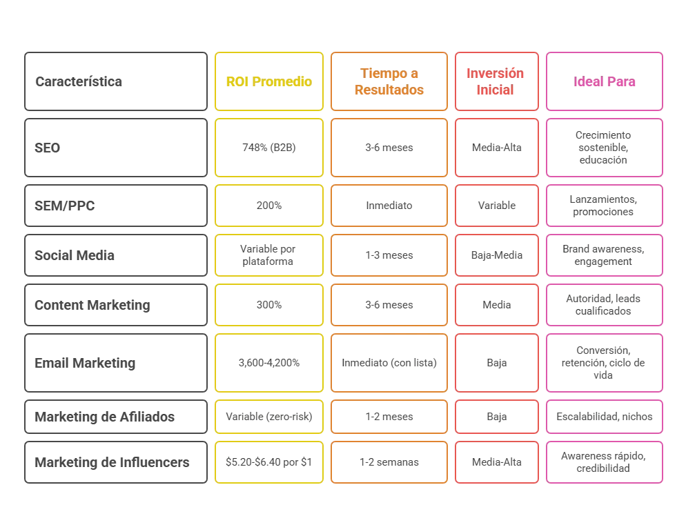 Tabla que muestra ROi, tiempo en resultados por tipo de marketing digital 
