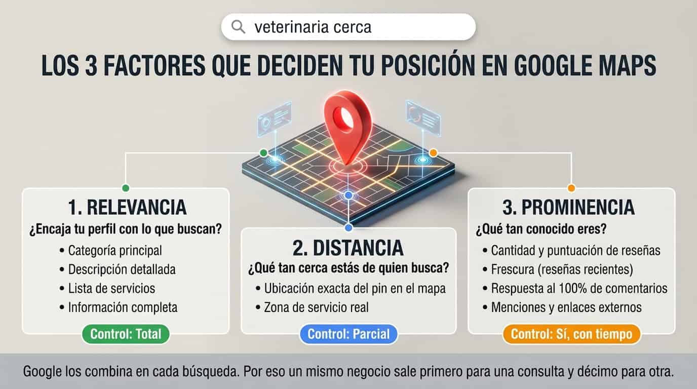 Infografía con los tres factores del ranking local de Google Maps: relevancia, distancia y prominencia