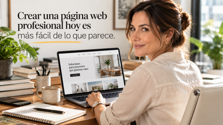 Profesional revisando el diseño de una página web desde una laptop en una oficina moderna.