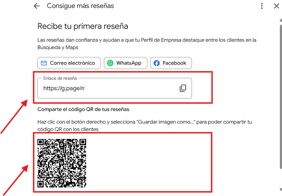 Enlace y código QR para pedir reseñas desde el Perfil de Empresa