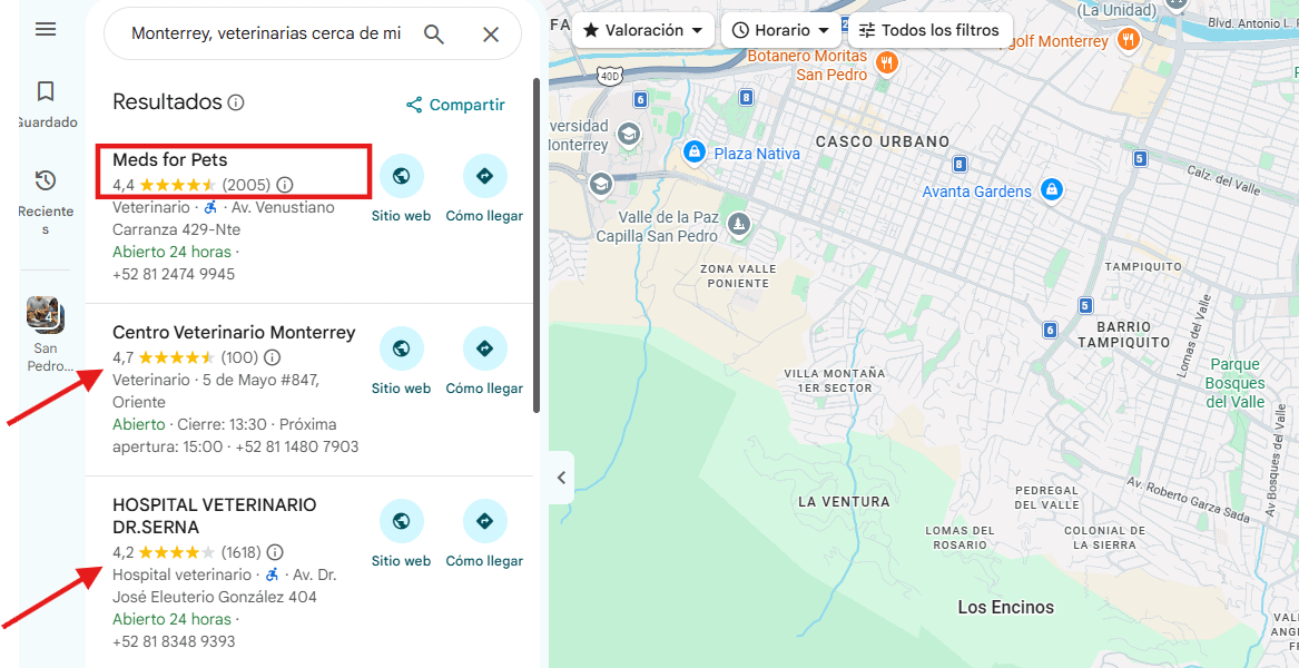Primeros resultados de Google Maps con su calificación y su número de reseñas