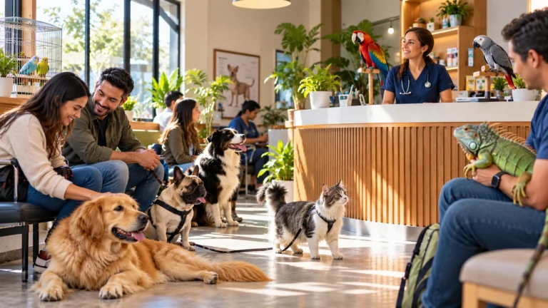 Recepción de una clínica veterinaria con clientes y mascotas esperando consulta en un ambiente activo y profesional