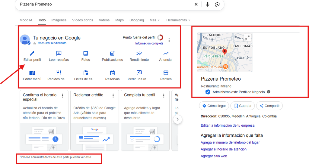 Panel para gestionar el Perfil de Negocio desde la Búsqueda de Google