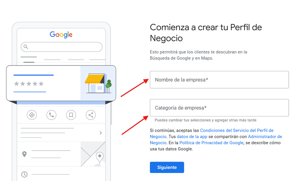 Imagen muestra donde ubicar nombre y  categoria del perfil de negocio