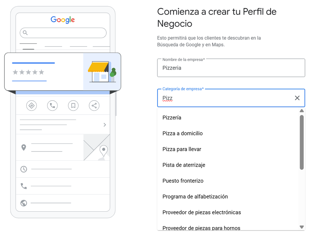 Imagen que muestra las diferentes categorías del perfil de negocio 