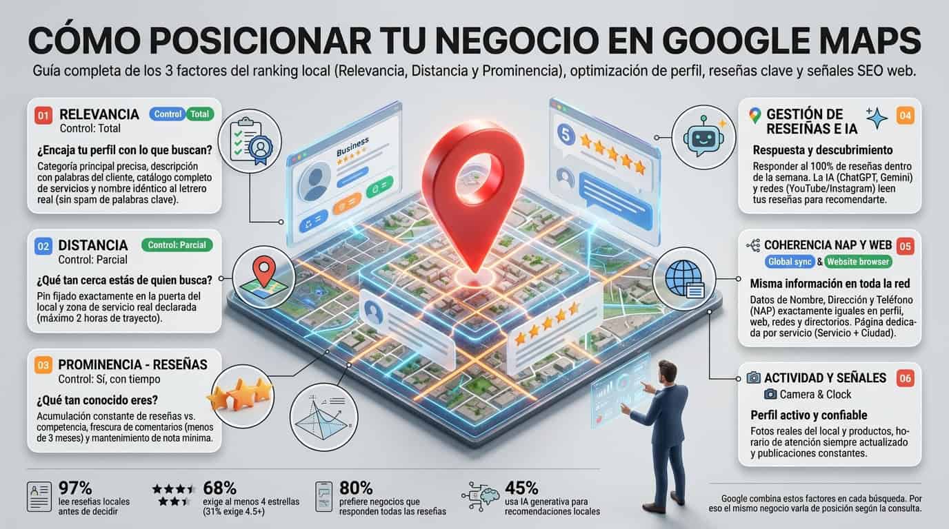 Infografía con los pasos para posicionar un negocio en Google Maps: perfil, categorías, ubicación, reseñas y datos coherentes