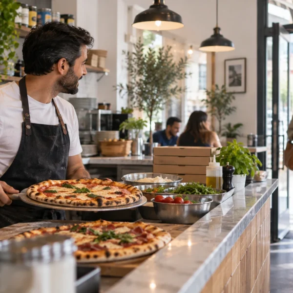 Dueño de una pizzería recibiendo a una clienta que encontró su negocio en Google gratis