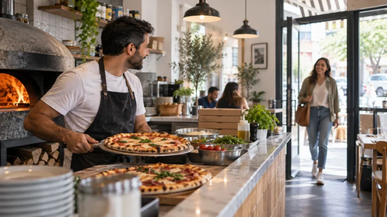 Dueño de una pizzería recibiendo a una clienta que encontró su negocio en Google gratis