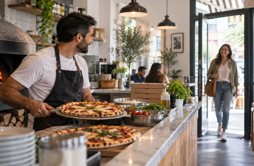 Dueño de una pizzería recibiendo a una clienta que encontró su negocio en Google gratis
