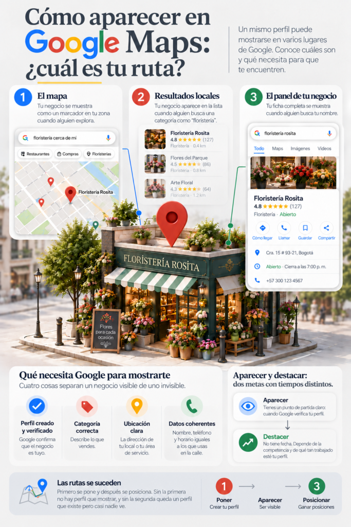 Infografía sobre cómo aparecer en Google Maps: los tres lugares donde se muestra un negocio, los cuatro requisitos de Google y el orden poner, aparecer y posicionar